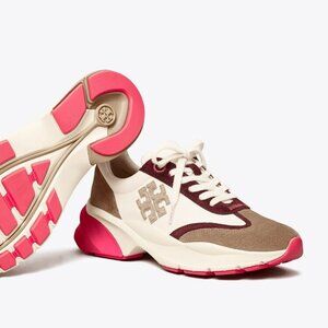 NIB TORY BURCH - sz 7.5 GOOD LUCK SNEAKERS TRAINER - PINK, TAN & IVORY LEATHER